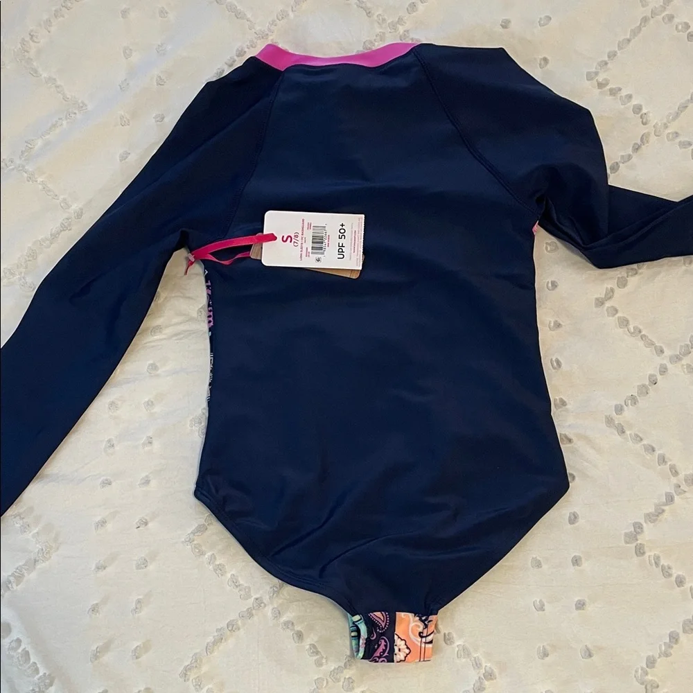 Justice Kids Rashguard one piece swimsuit with Pink and Blue Patchwork nwt